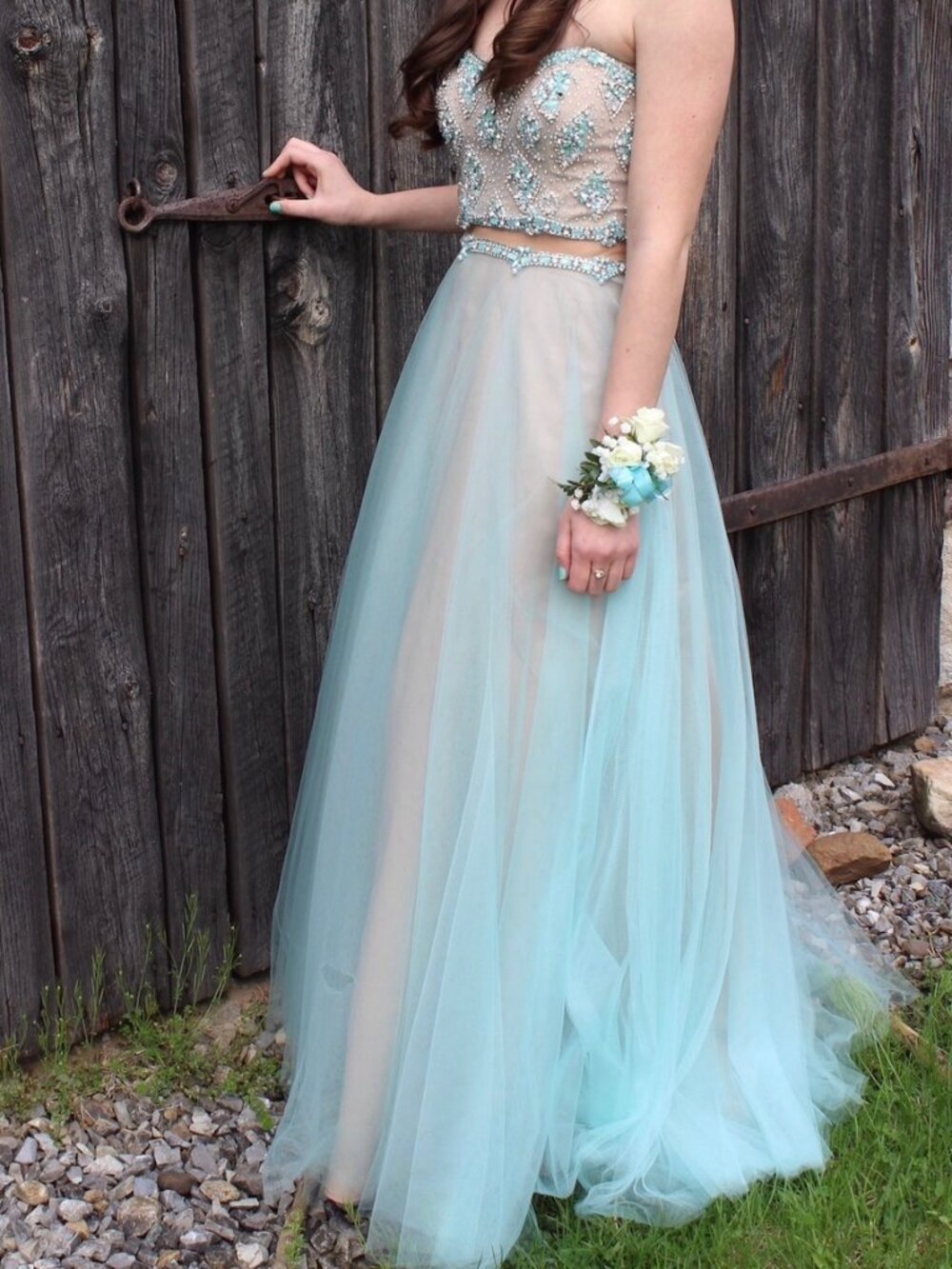 David's Bridal Light Blue Strapless Beaded Tulle Ballgown Prom Dress Size 0